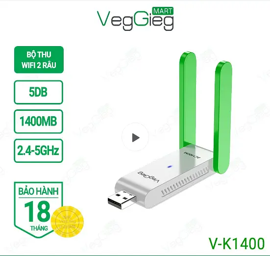 Bộ thu Wifi 2 râu 1400M 2.4-5G VegGieg V-K1401