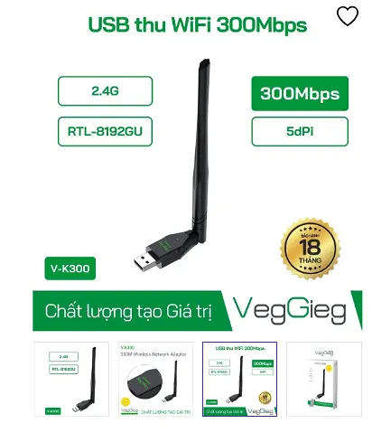 Card wifi cổng USB 300MB, ăng-ten 5DB 300M V-K300 Veggieg