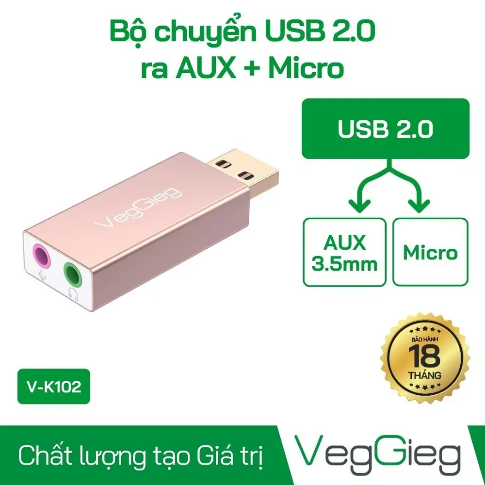 Bộ chuyển Âm thanh USB2.0 ra AUX 3.5 + MIC - V-K102 (MS: 6972854379035)