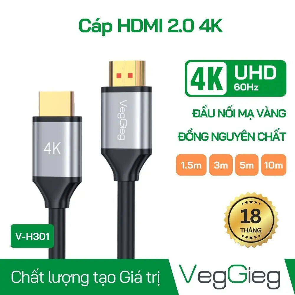 Cáp dữ liệu HDTV 4K 2.0 1.5m VegGieg V-H301 (MS: 6972854378342)