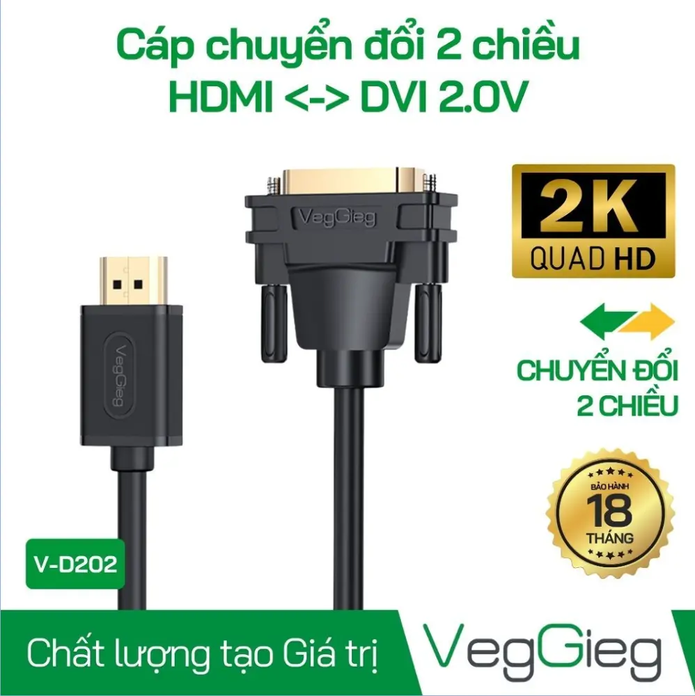 Cáp dữ liệu chuyển đổi HDTV sang DVI 1.5m Veggieg V-D202