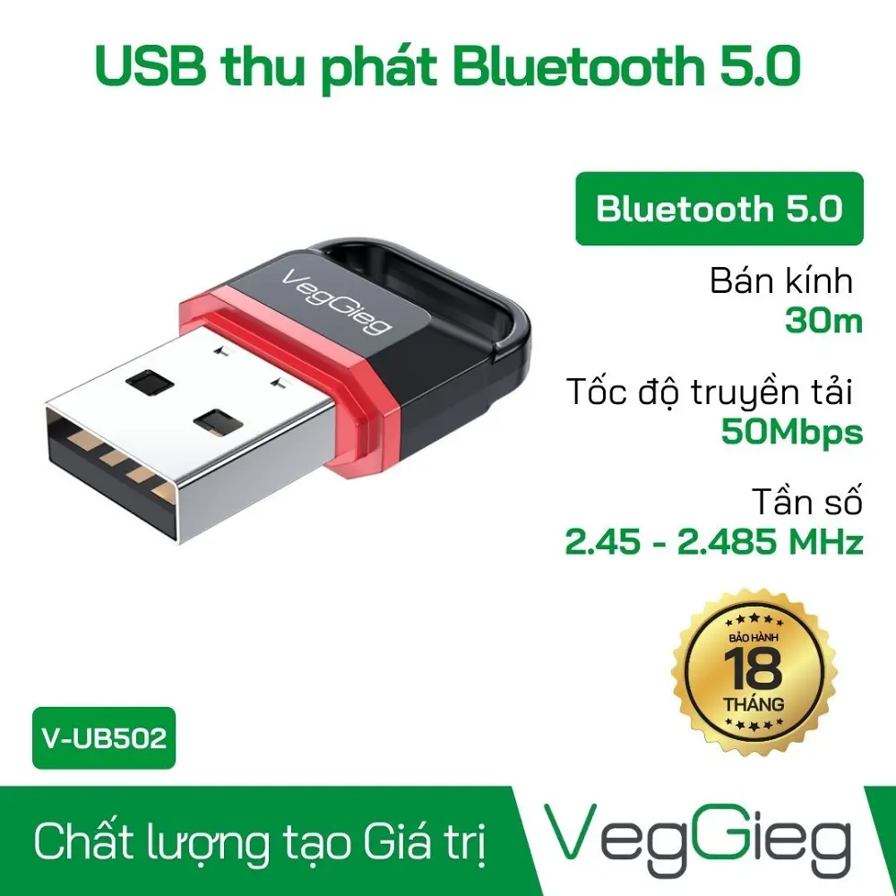 Bộ Thu Bluetooth 5.0 không dây cổng USB VegGieg V-UB502 (MS: 6972854378106)
